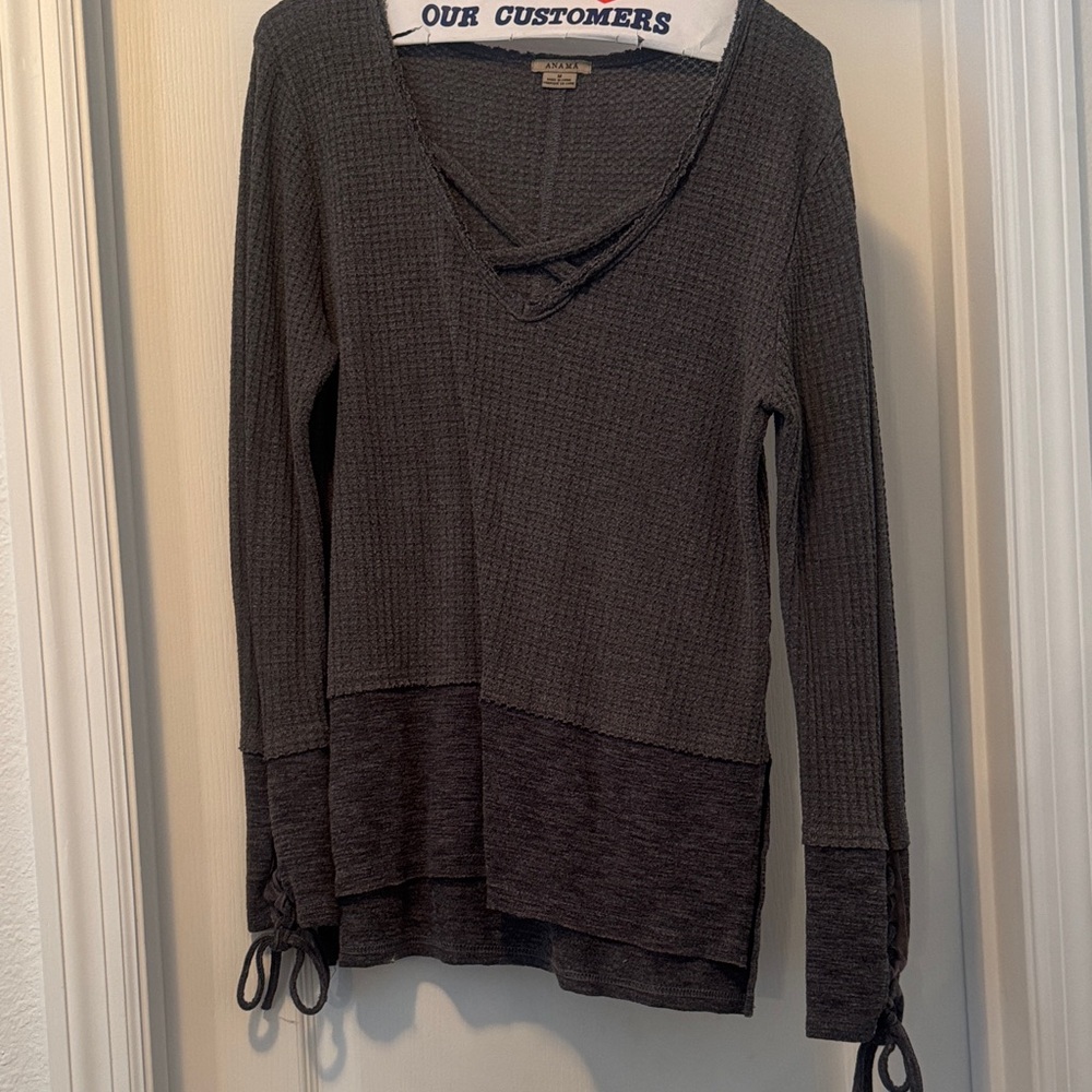 Chic Charcoal Long Sleeve Top with Tie Accents